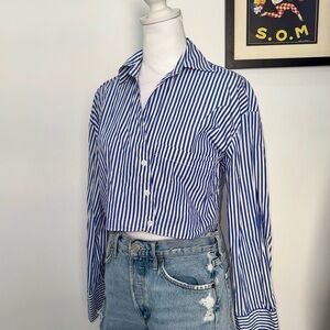 Zara Blue & White Striped Cropped Button Down Shirt | Size S